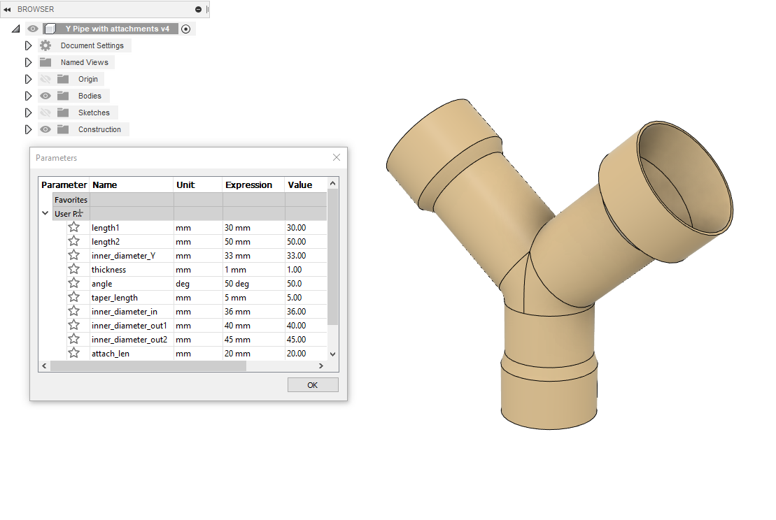 Parametric Y Pipe Adapter [with Fusion 360 source]