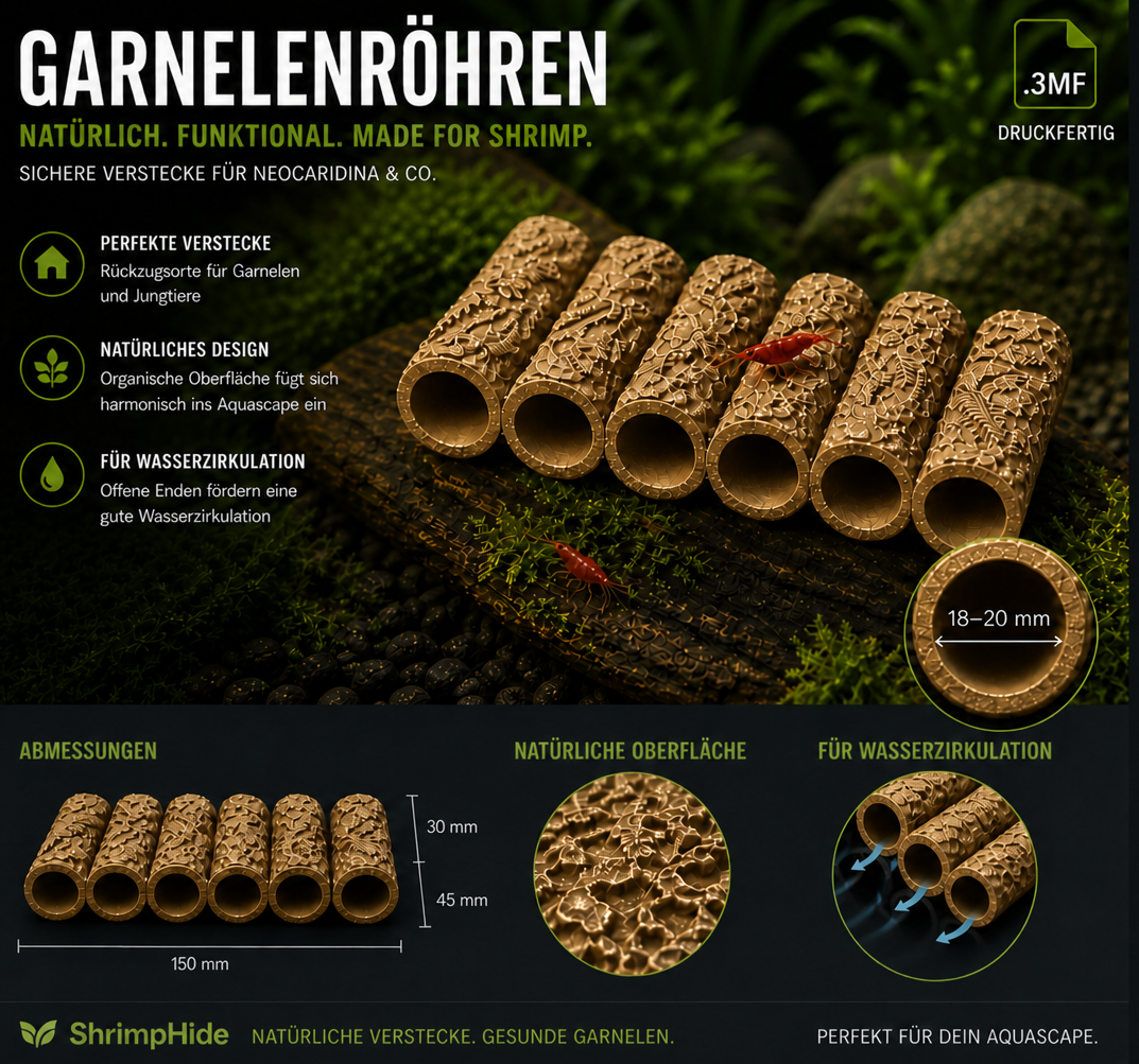Shrimp Tubes 6x | Natural Hideout for Neocaridina | 3MF Ready to Print