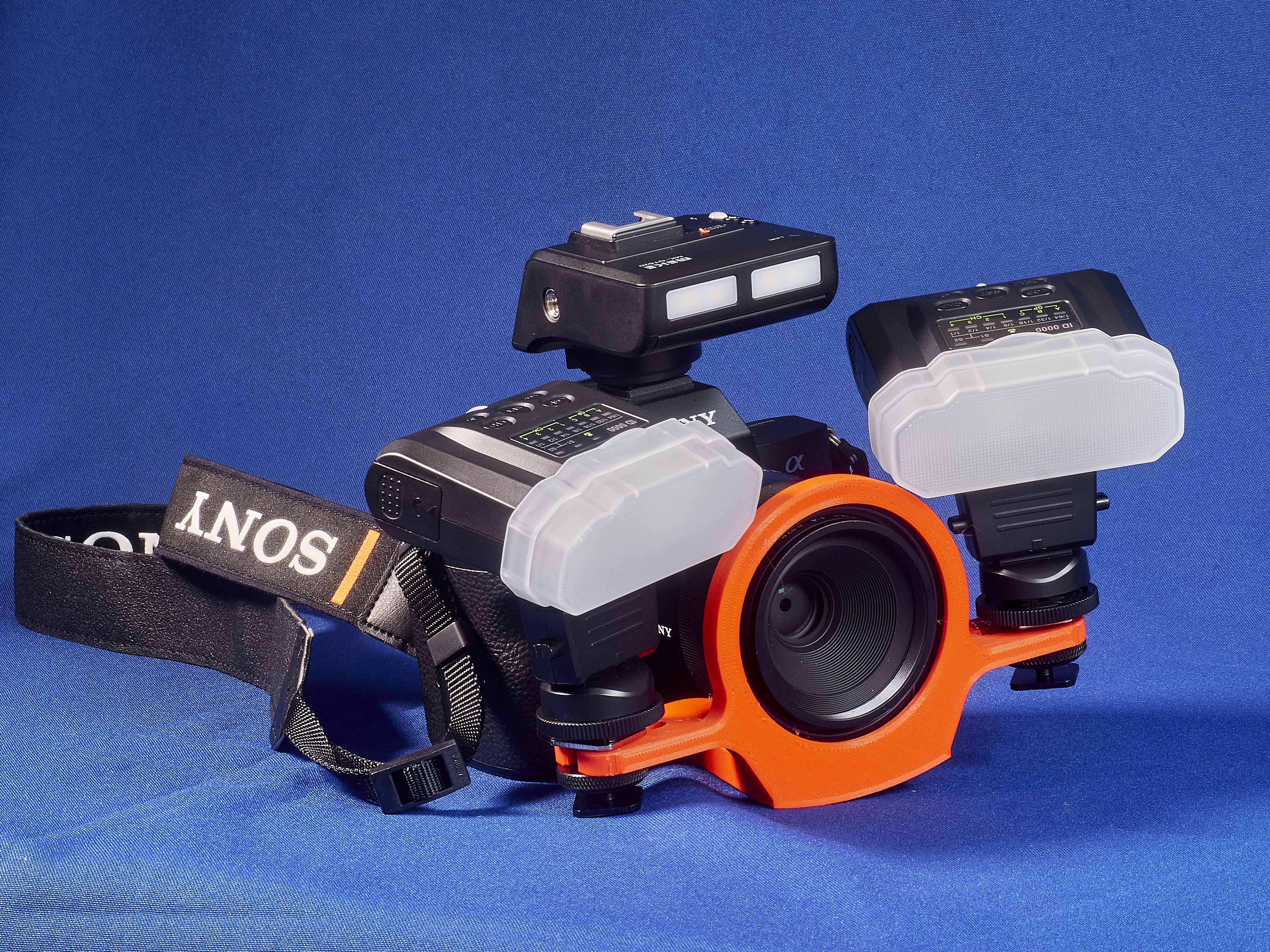Bracket for Sony 50mm macro lens and Meike macro flash kit. Type A.