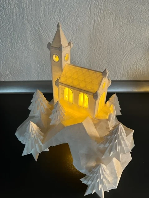 Christmas scenery nativity scene chapel village, mountain with grotto for LED tea light candle illumination++Diorama
