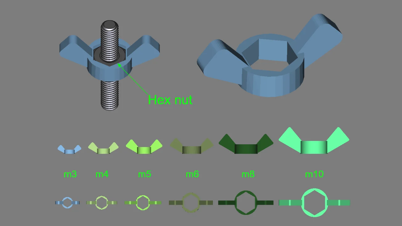 Hex nut to wing nut collection m3-m10