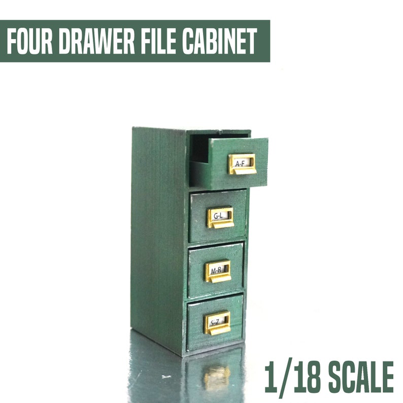 Diorama 1/18 Scale Dollhouse filing cabinet with 4 working drawers for workshop or dollhouse diorama