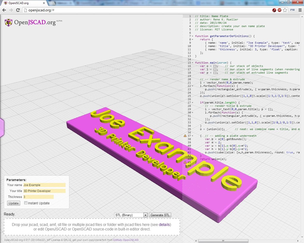 Name Plate Generator (OpenJSCAD)