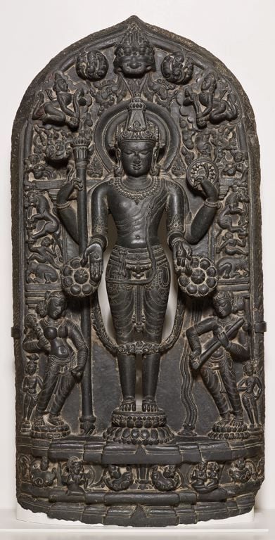 God Vishnu with His Consorts Lakshmi and Sarasvati