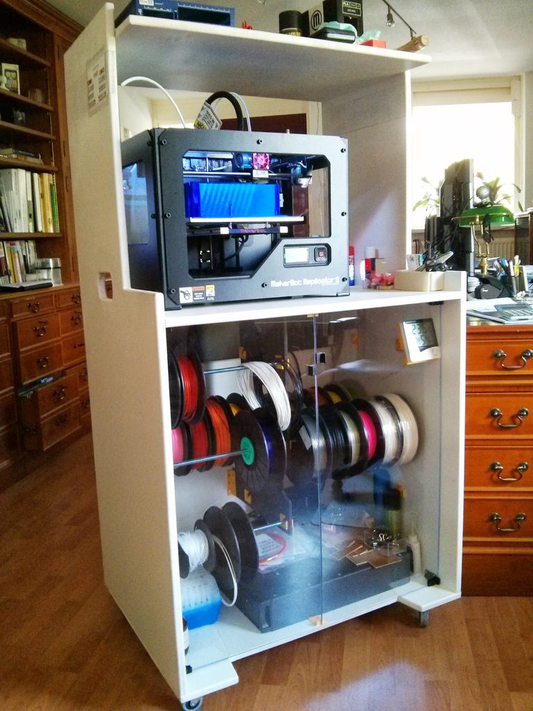 Cabinet for printer, dry storage for filament with easy change system and tooling. 3D Printing on Wheels - workstation