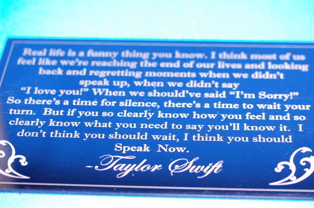 Speak Now Quote Plaque By: Taylor Swift