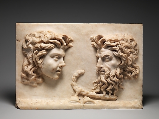 Roman marble relief of a Satyr and a Silenus