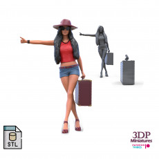 Hitchhiking Waiting Girl with old baggage