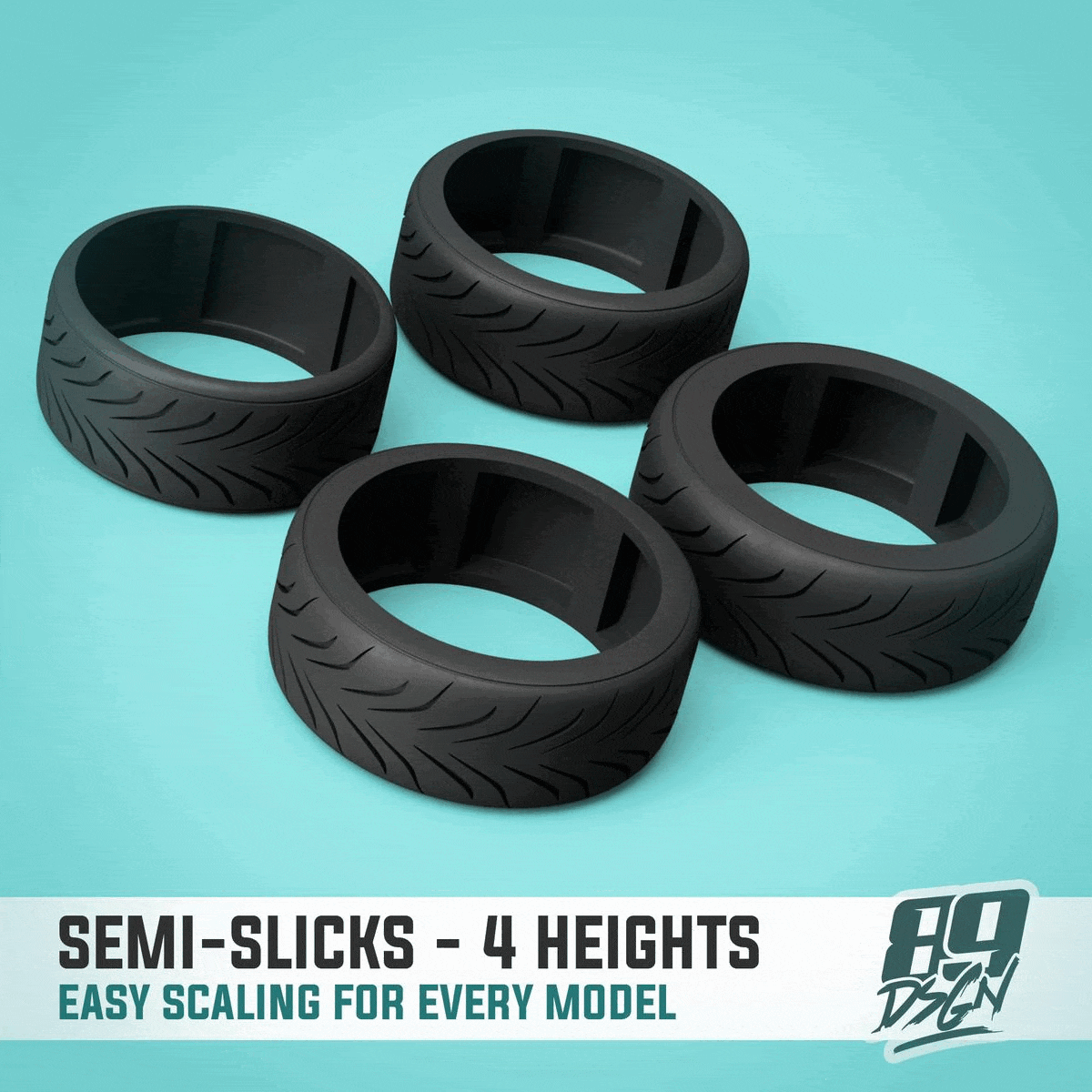 Semi-slick tires for any scale model car, scalable, multiple profiles