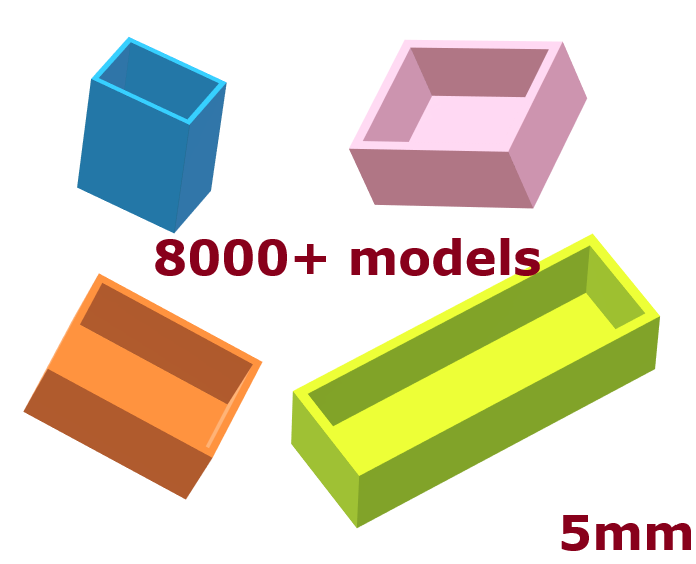 Simple Box - 8000 different Sizes -  40x40x10x5 mm up to 150x150x150x5 mm - Wall thickness of 5mm