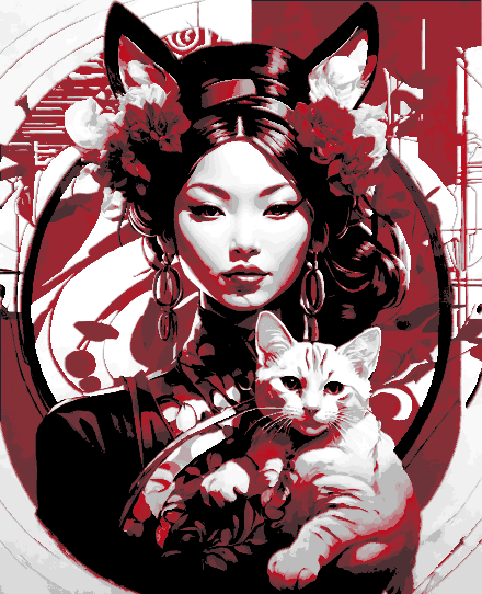 Hueforge Wall Art - Modern Geisha Portrait with Cat and Beautiful Outfit Red and Black Ink Painting