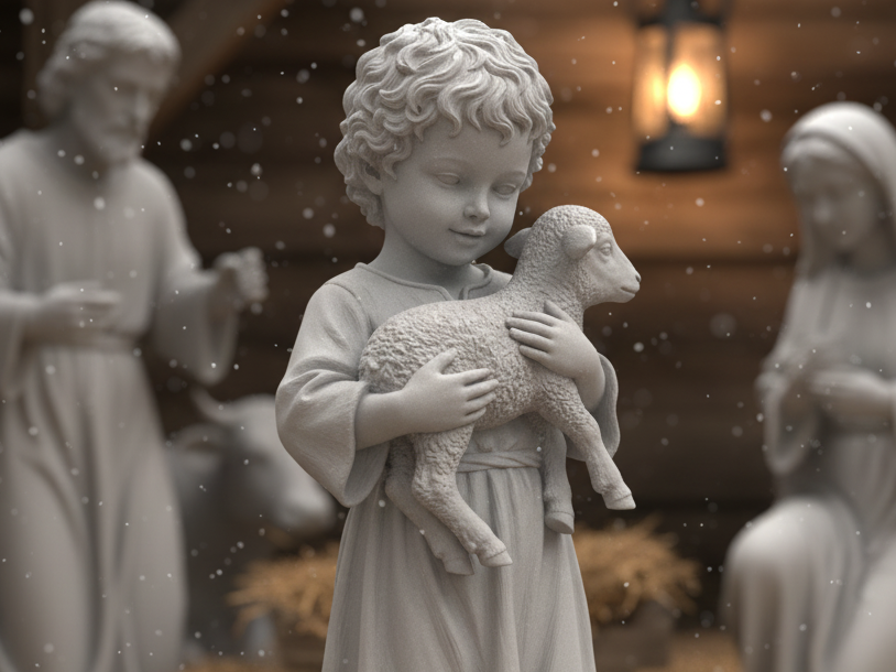 Bimbo con pecora in braccio realistico per presepe