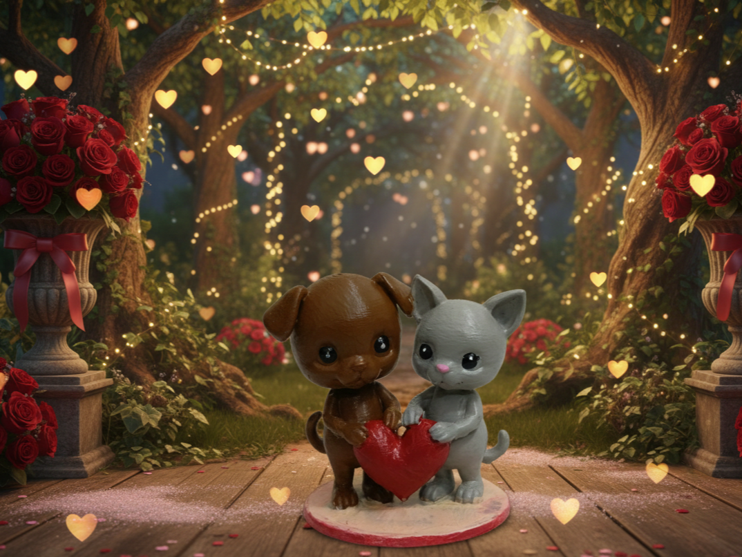 Valentine's Cat & Dog Holding Heart