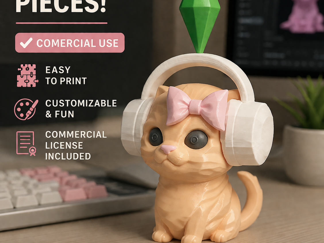 Sims Cat with Headphones Easy Print, MultiPart STL