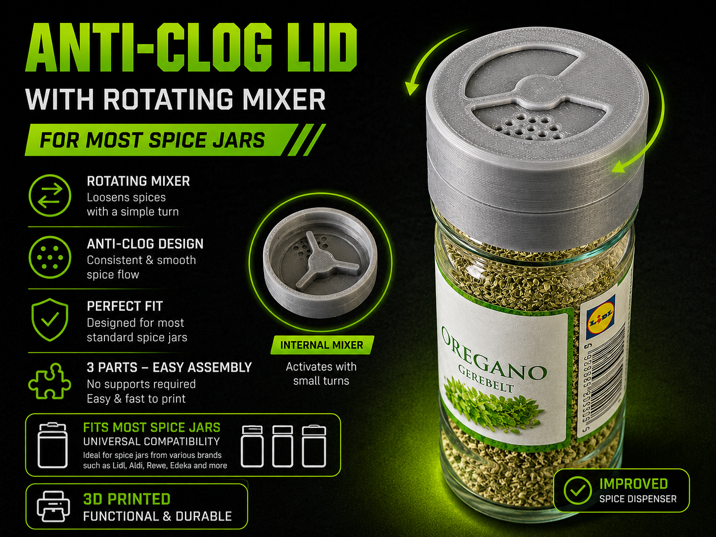 Spice Jar Anti-Clog Lid with Rotating Mixer