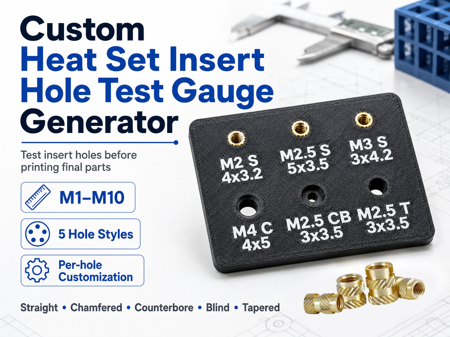 Custom Heat Set Insert hole Test Gauge Generator