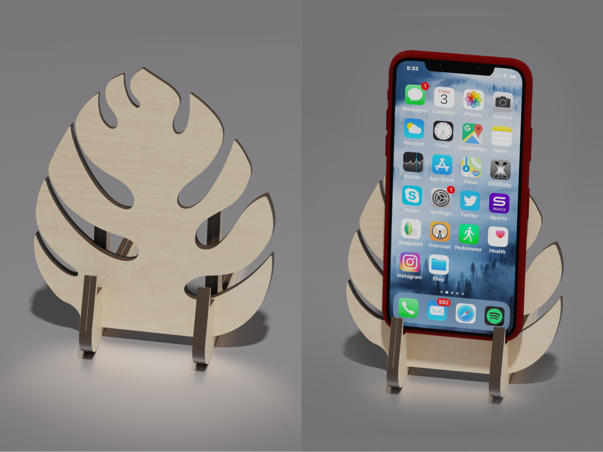 Phone stand with monstera leaf motive