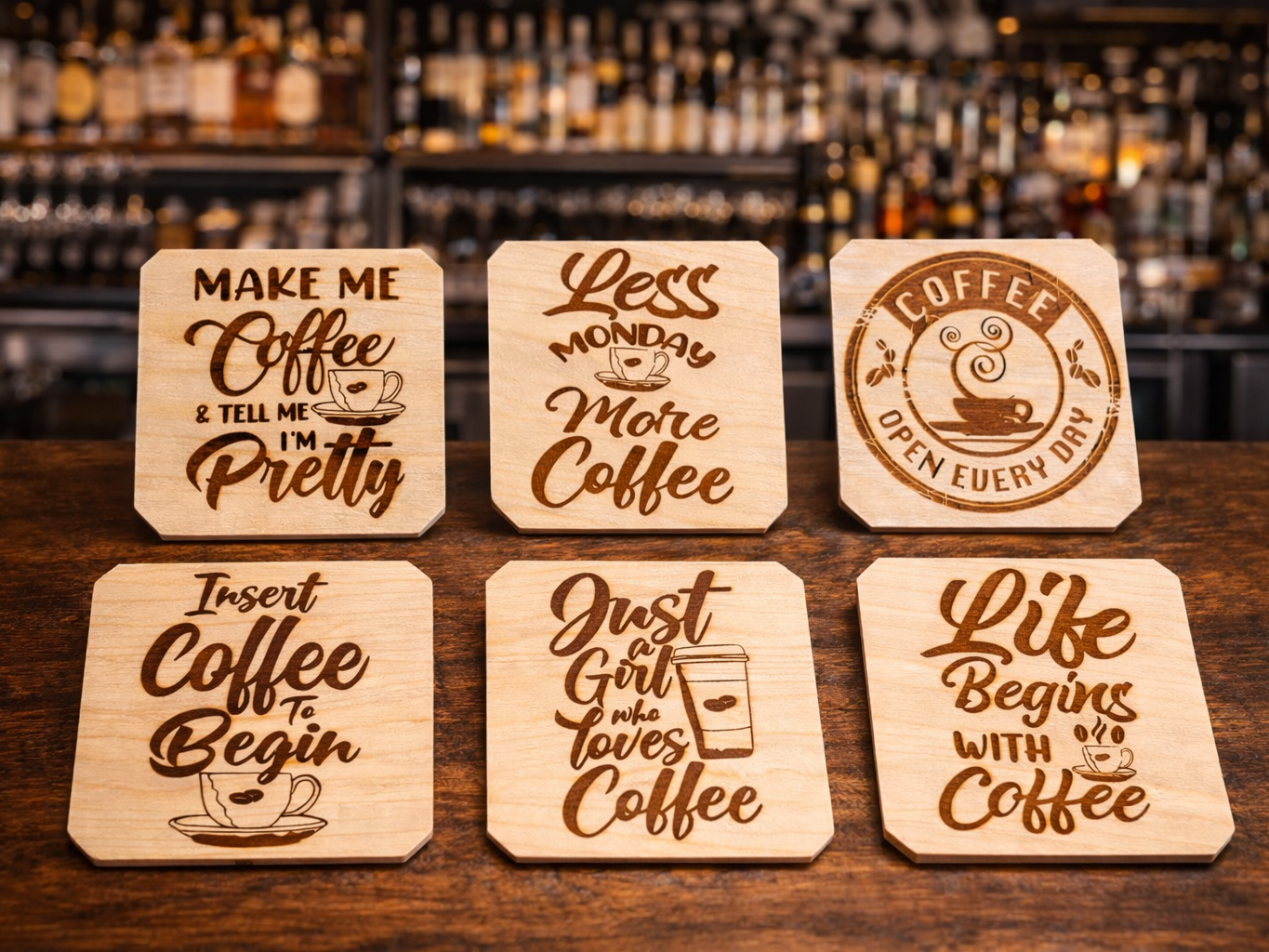 Wooden Coffee Coasters with Laser Engraved Quotes