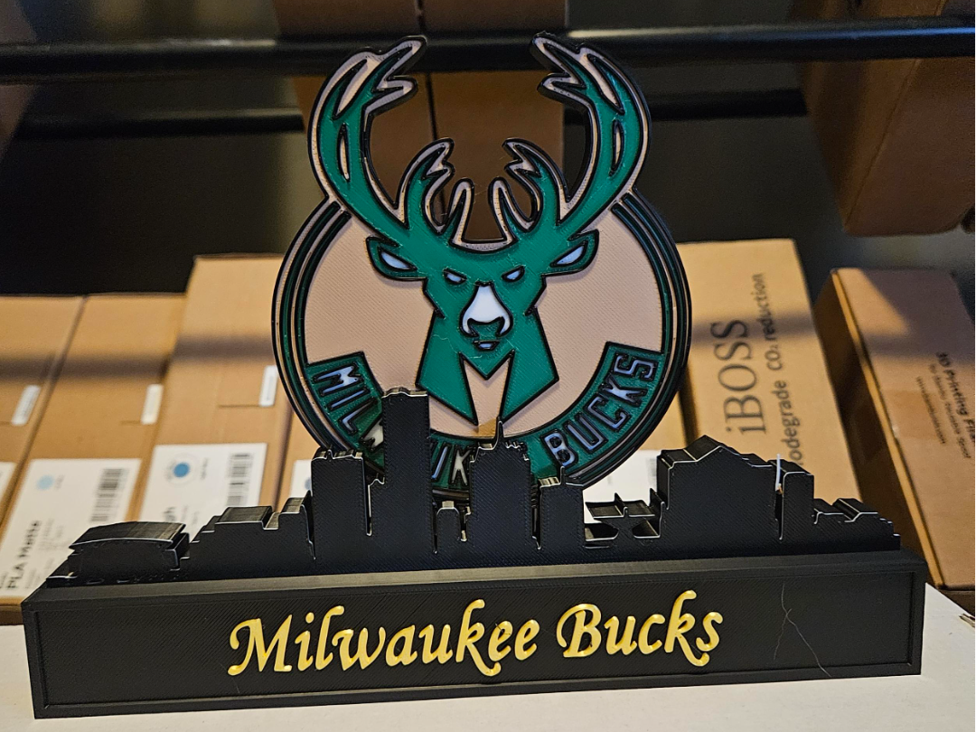 Milwaukee bucks with the skyline of Milwaukee NBA
