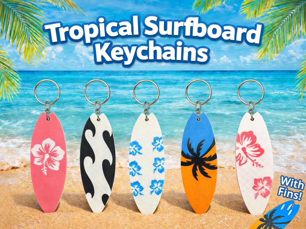 Tropical Surfboard Keychains with Fins