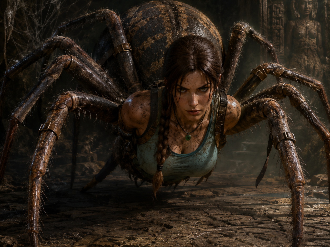 Lara Croft als Spinne