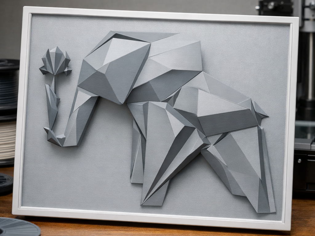 Éléphant Géométrique en Relief – Tableau Low Poly