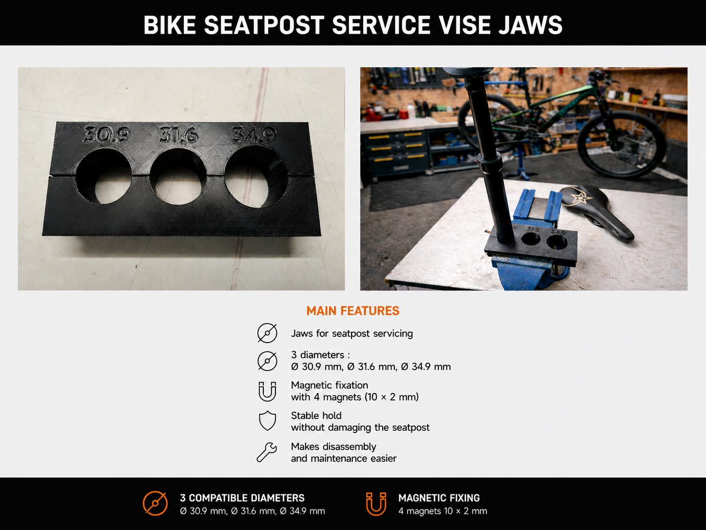 Vise jaws for servicing  mountain bike seatposts