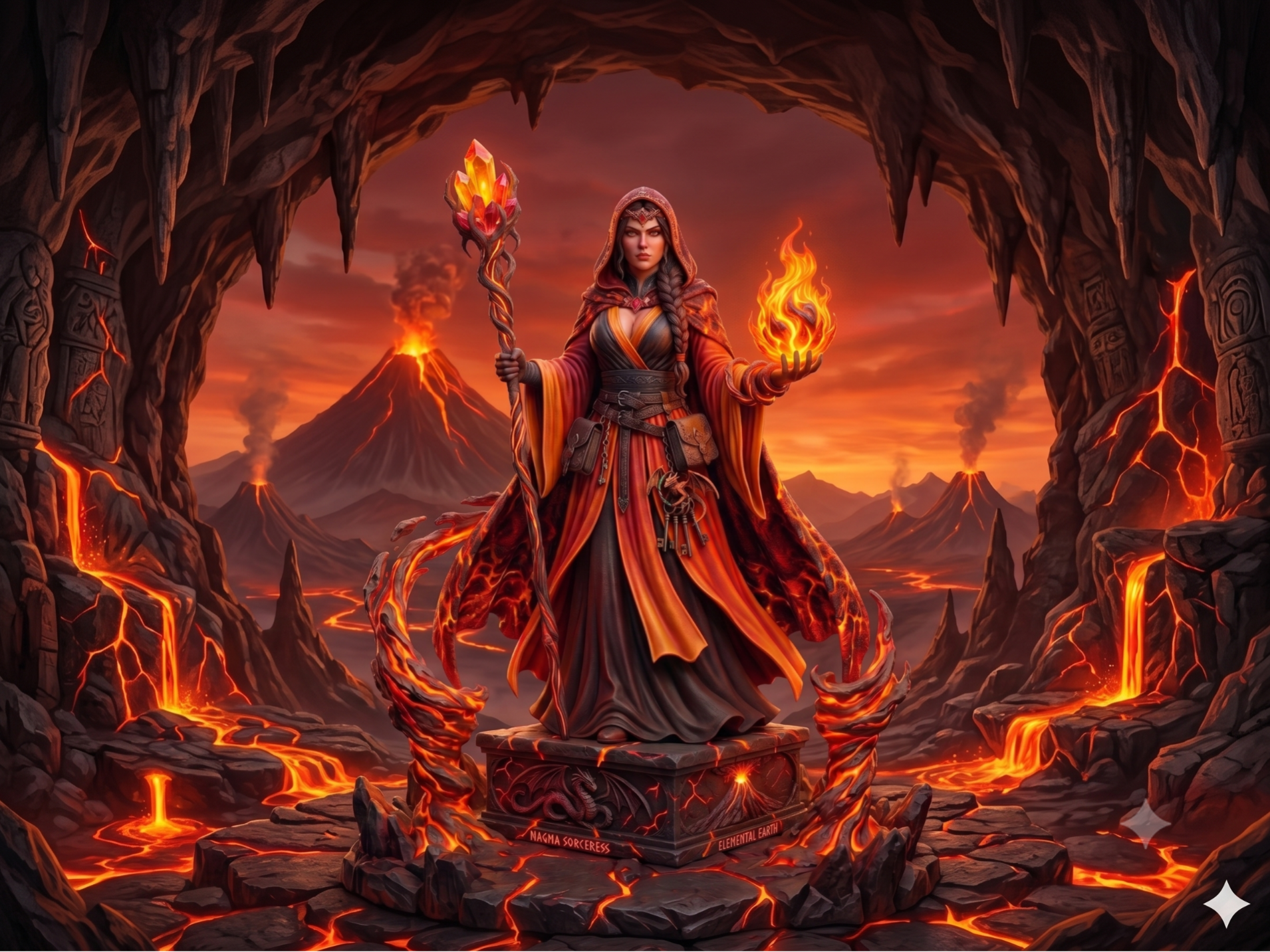 Standing Magma Sorceress with Crystal Staff