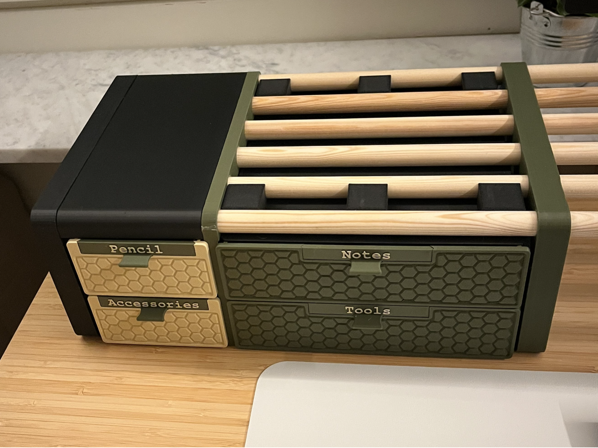 Modular drawers for modular desk shelf