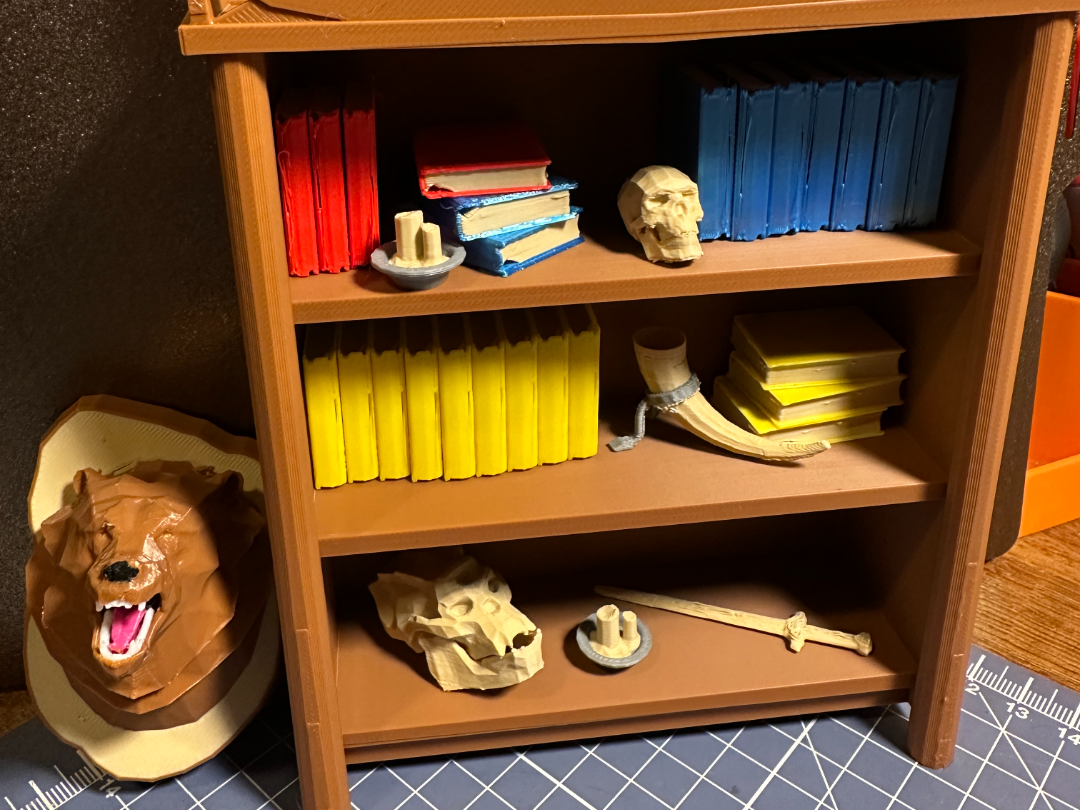 Skyrim bookshelf clutter- Bear, candles, sword ect