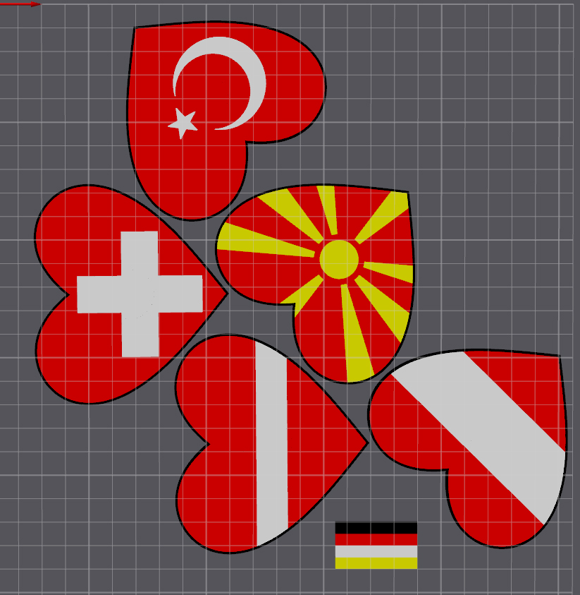 Heart shaped Flags of Austria, Latvia, Turkey, Switzerland and Macedonia