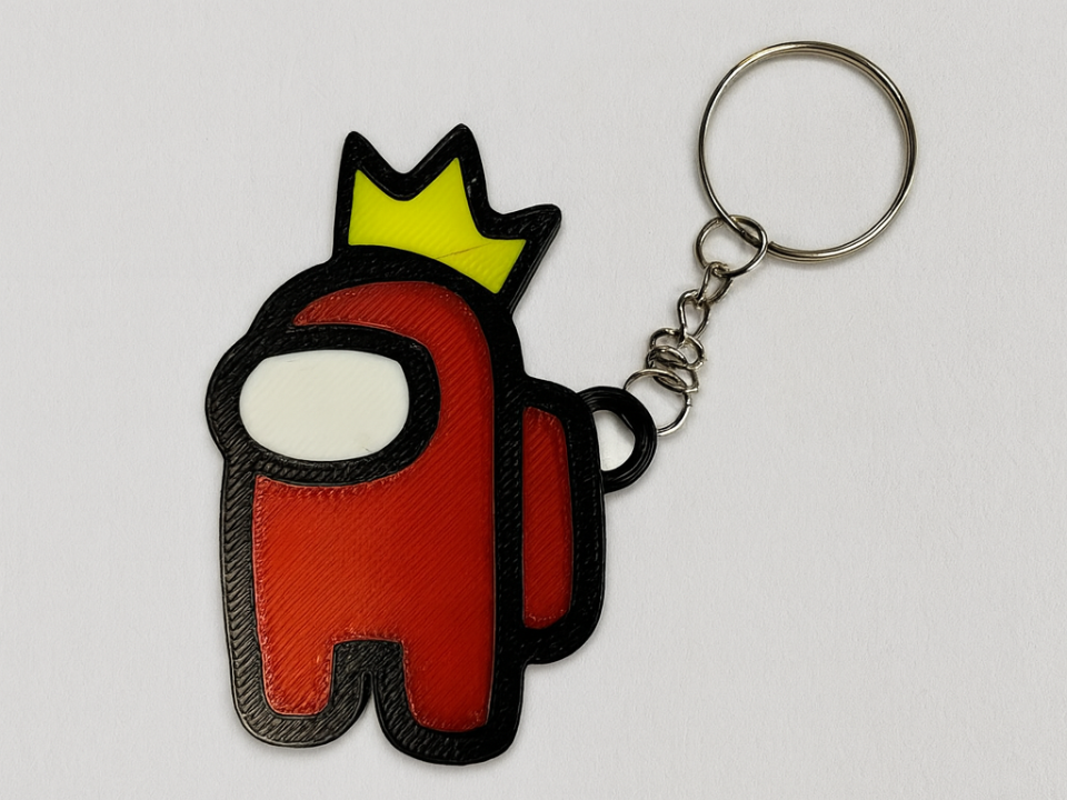 Among Us red crewmate keychain with a crown