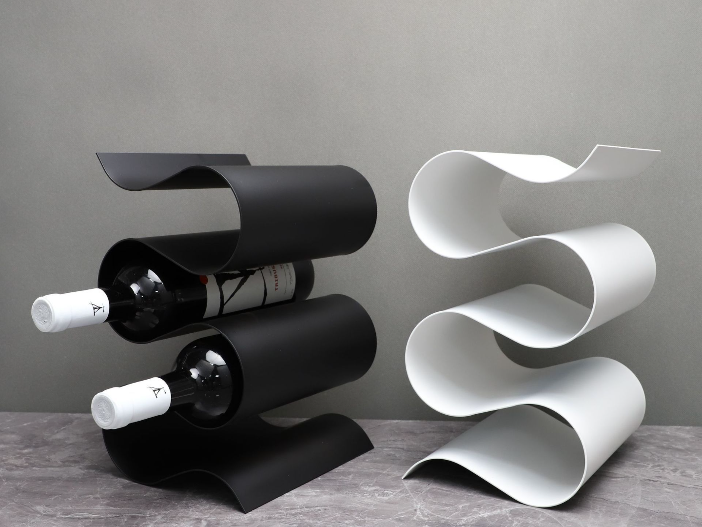 Modern Black Sculptural Wine Rack with Bottles