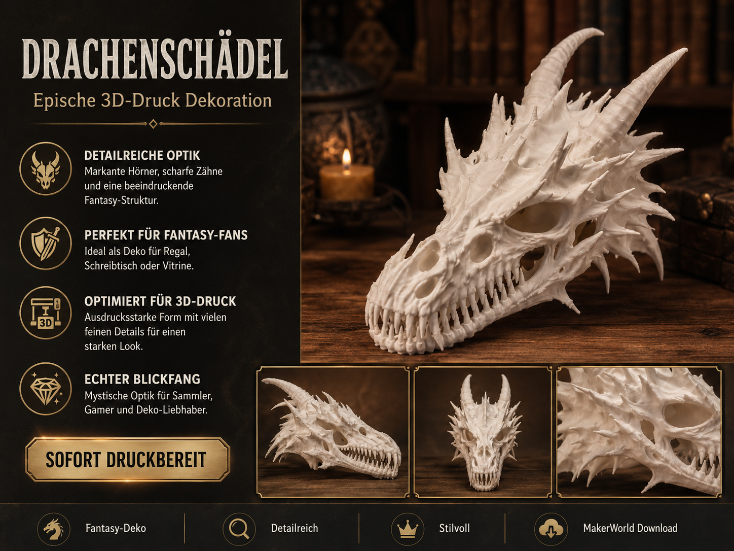 Dragon Skull – detailreiche Fantasy-Schädel-Deko