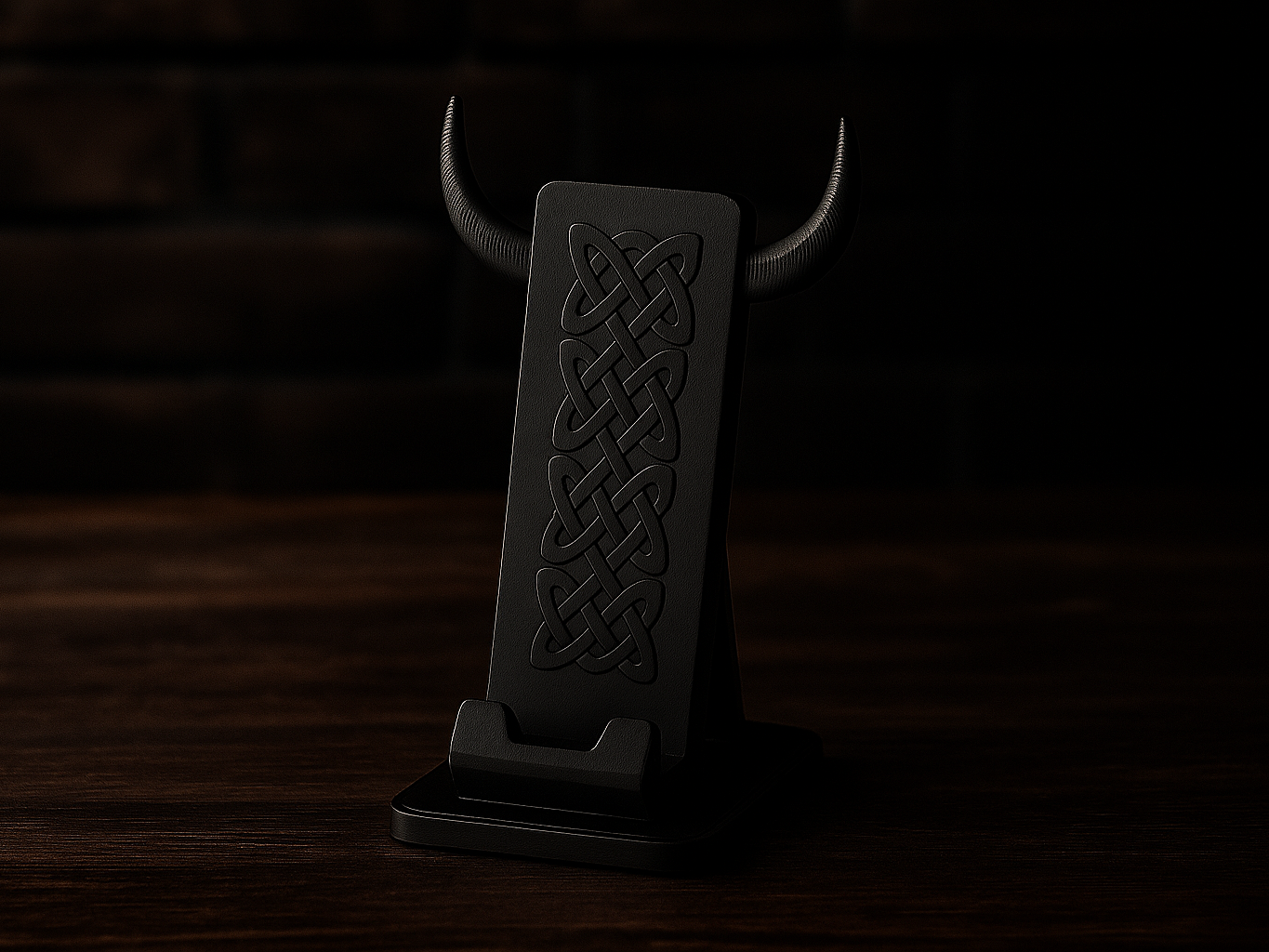 Viking Phone Stand with Horns and Knotwork
