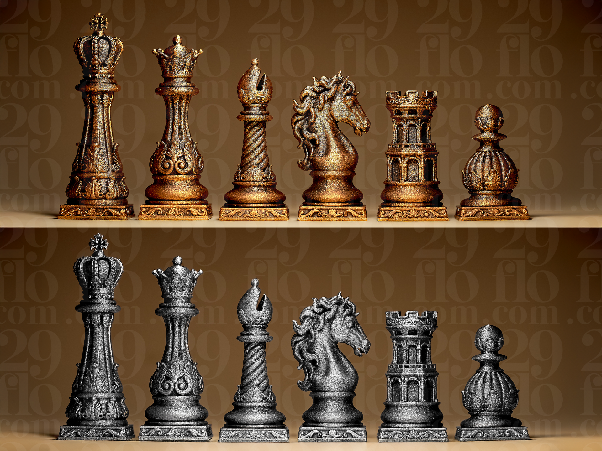 Ornate Baroque Style Complete Chess Pieces Set