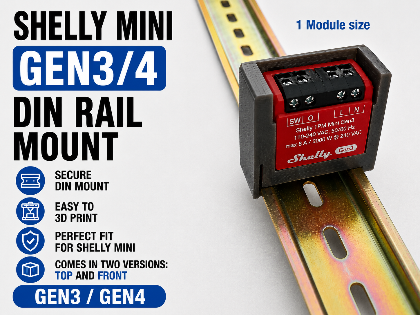 Din Rail Mount (1 module) for Shelly Mini Gen 3/4