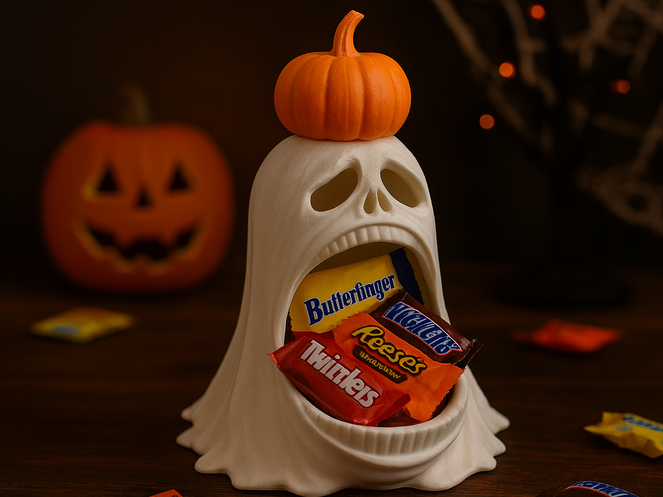 Ghost Candy Bowl with Pumpkin Hat