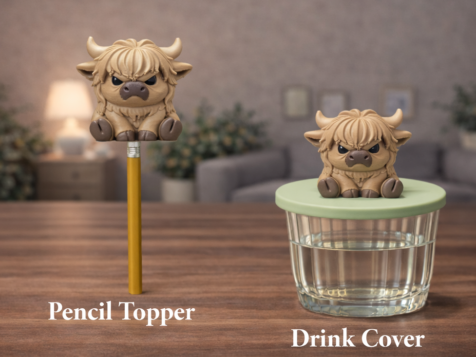 Grumpy Highland Cow Pencil Topper & Drink Cover