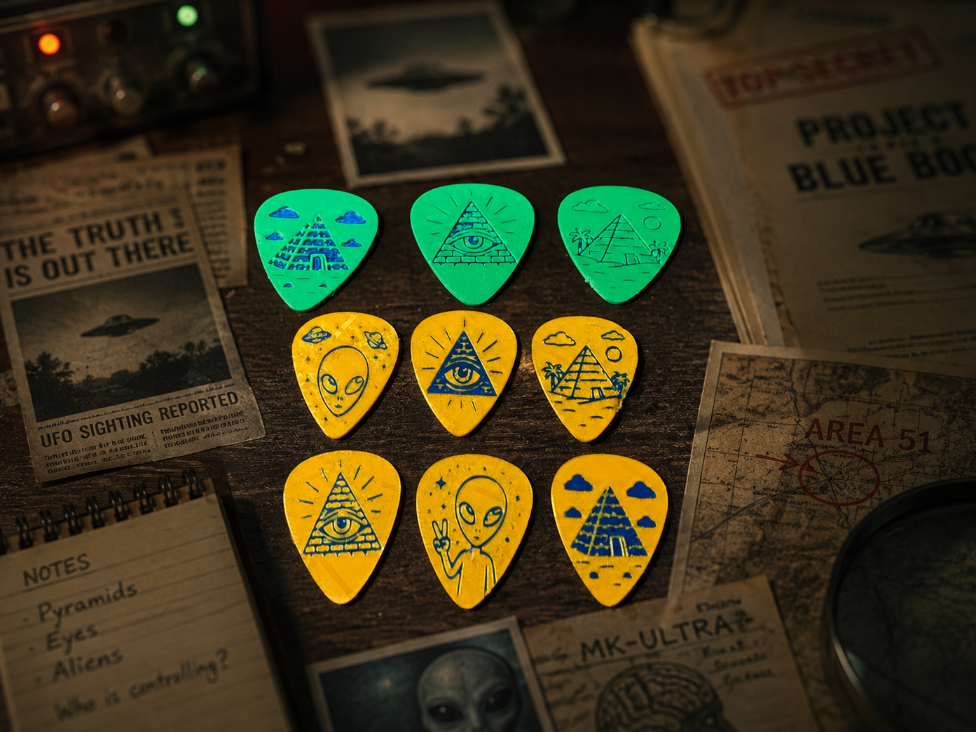 Guitar picks - Illuminati, Aliens, Pyramids