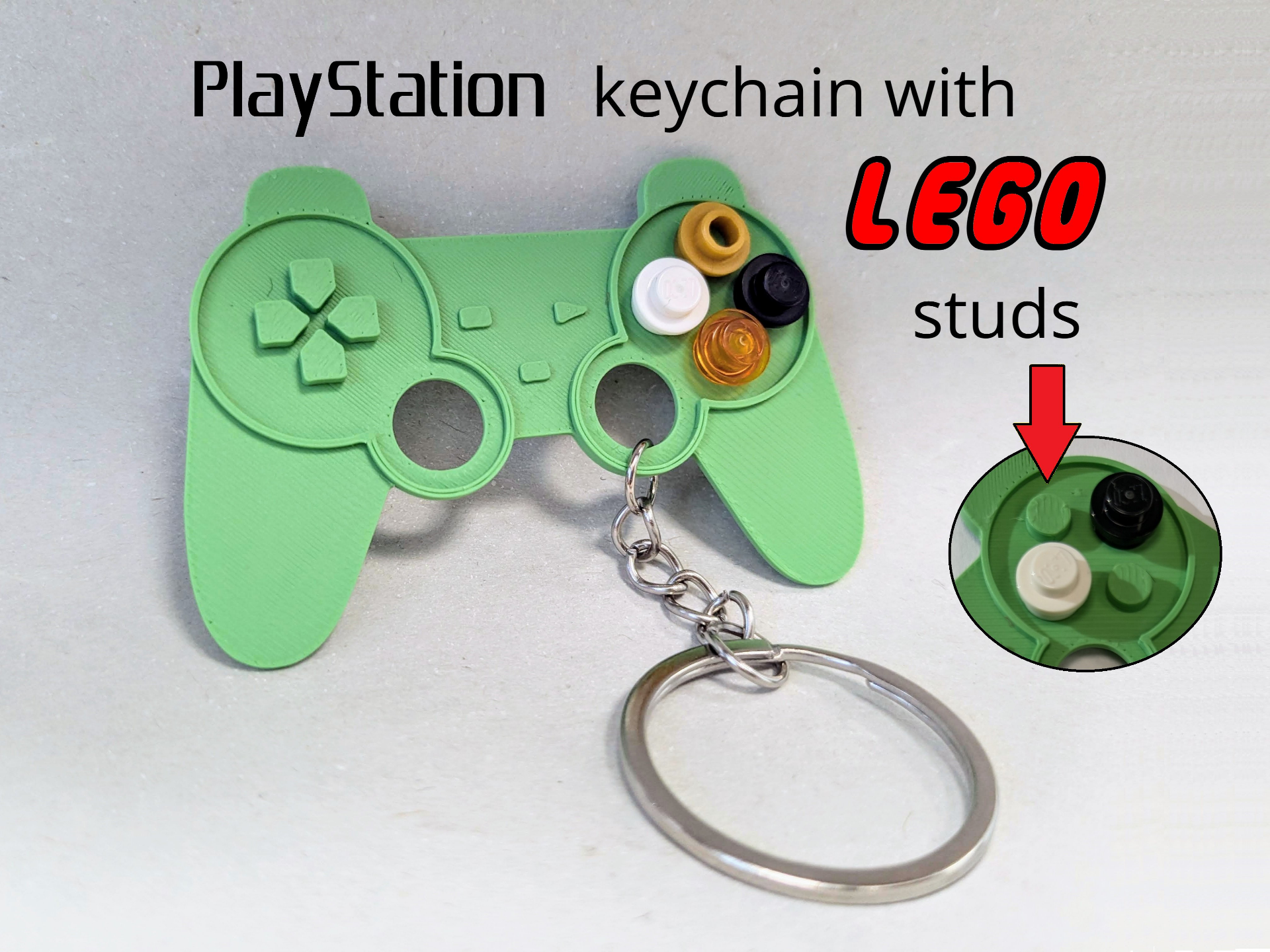 PlayStation keychain with brick studs