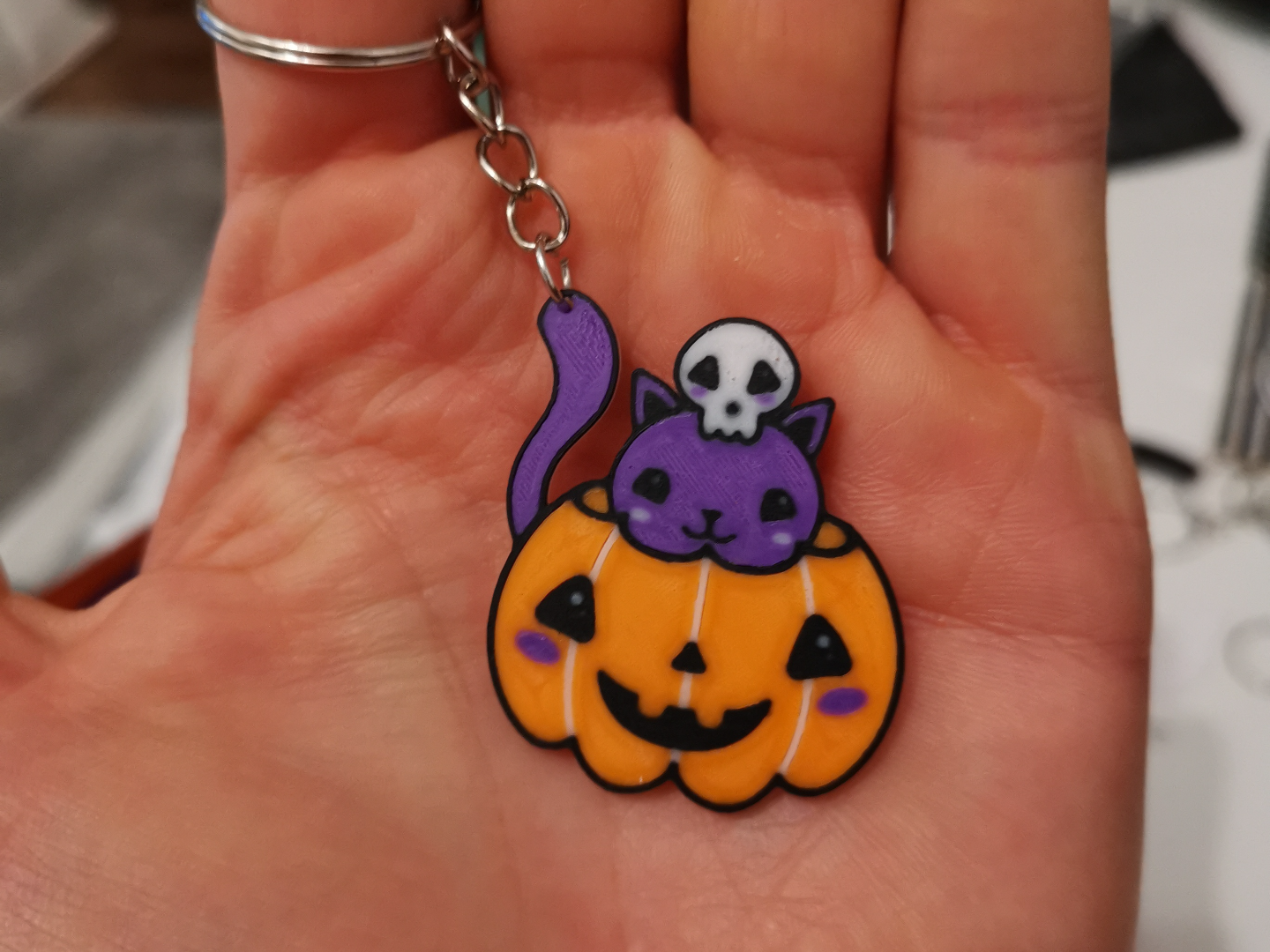 Halloween Cat with Pumpkin and Scull | Keychain