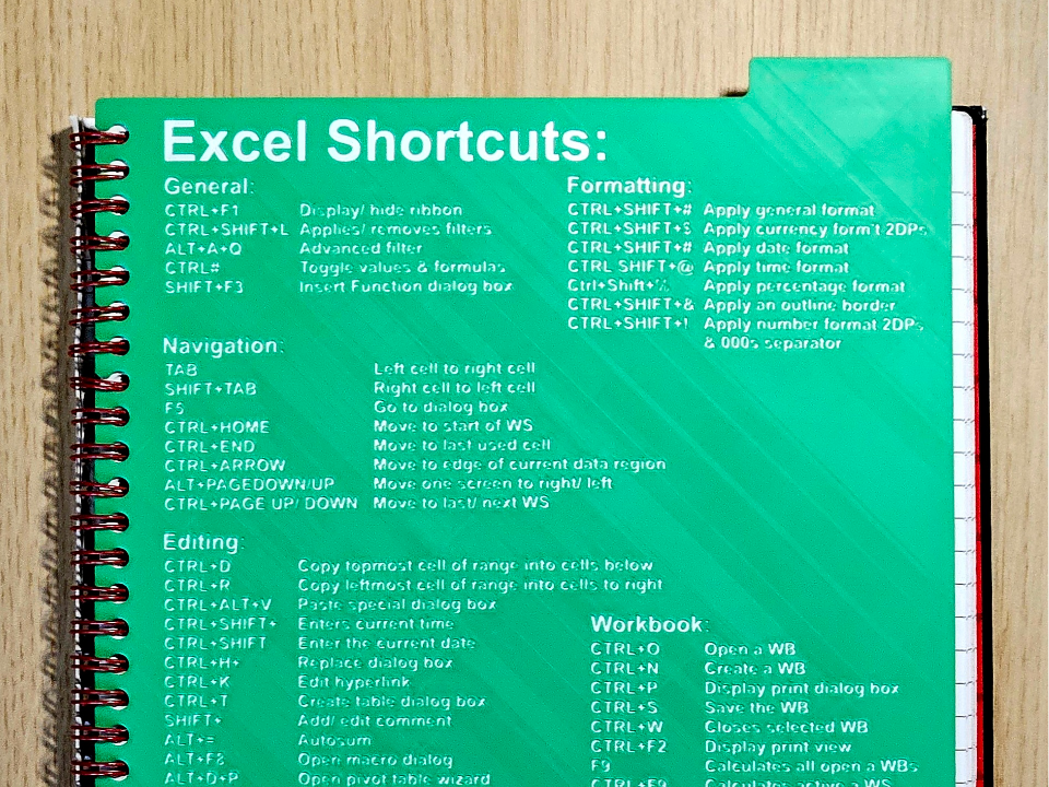 Microsoft Excel Shortcut A4 Notebook Divider