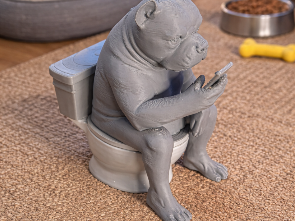 Pitbull Dog on toilet with Cell Phone Puppy