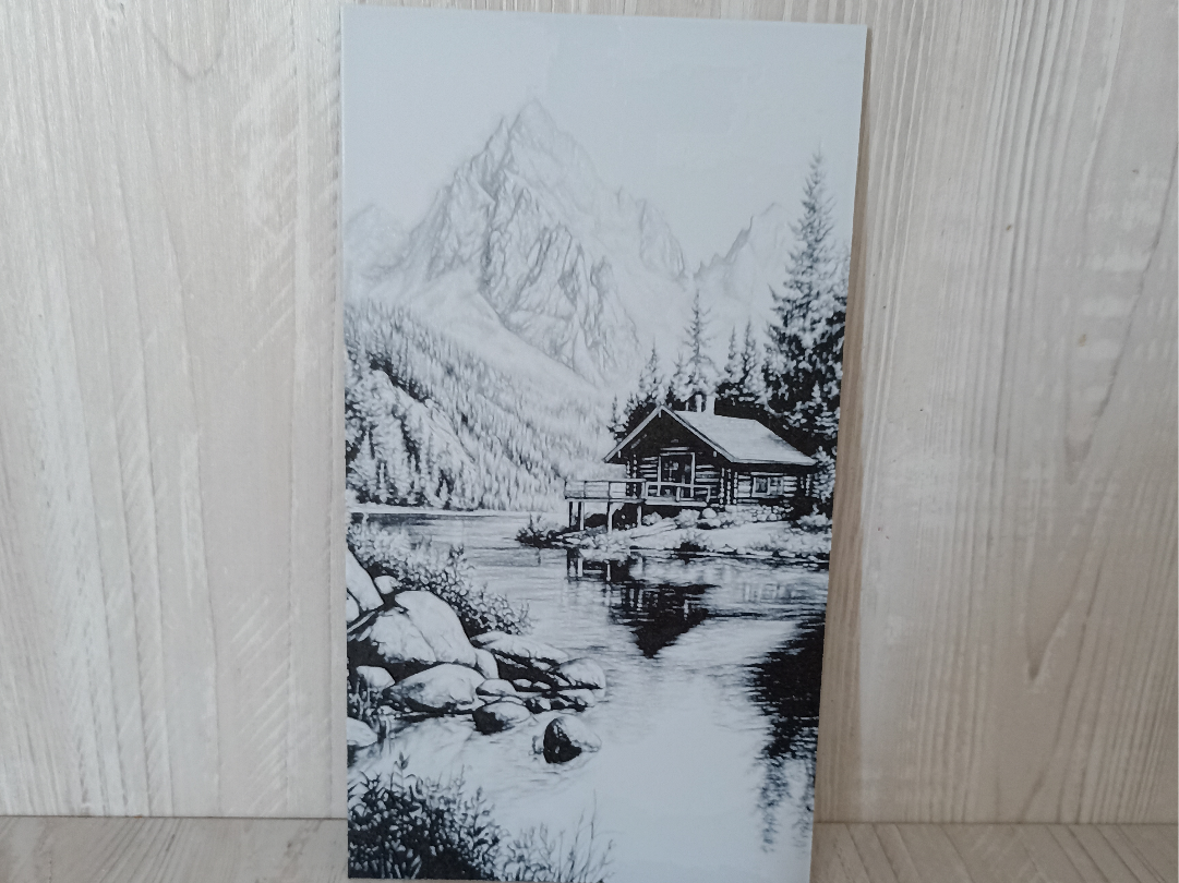 Tableau chalet et montagne hueforge