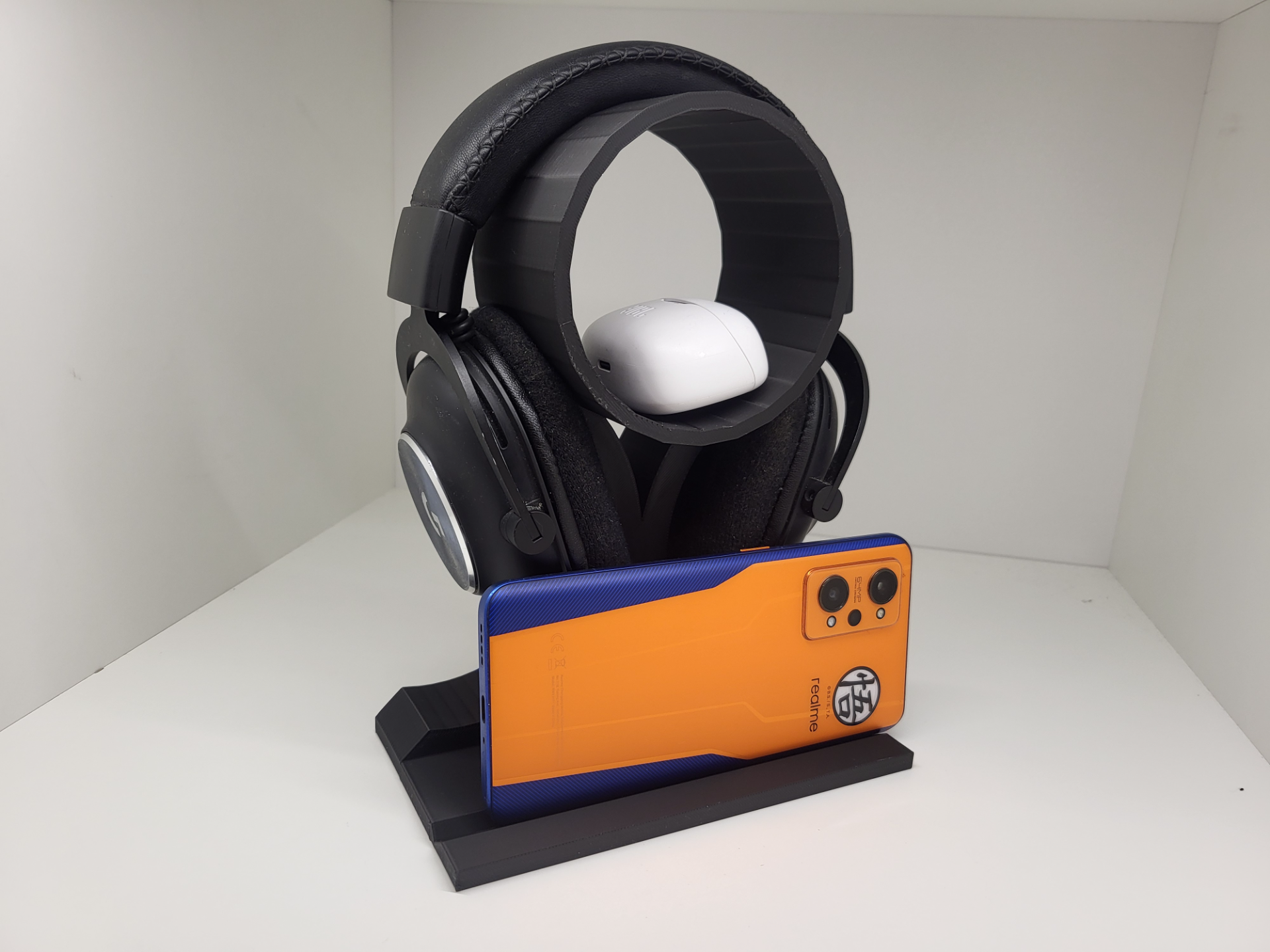 Headset Phone Stand With a shelf for gadgets