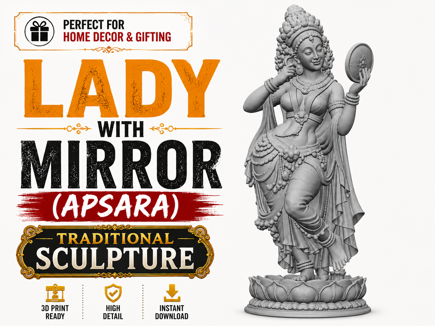 Lady with Mirror (Apsara)-Traditional Sculpture