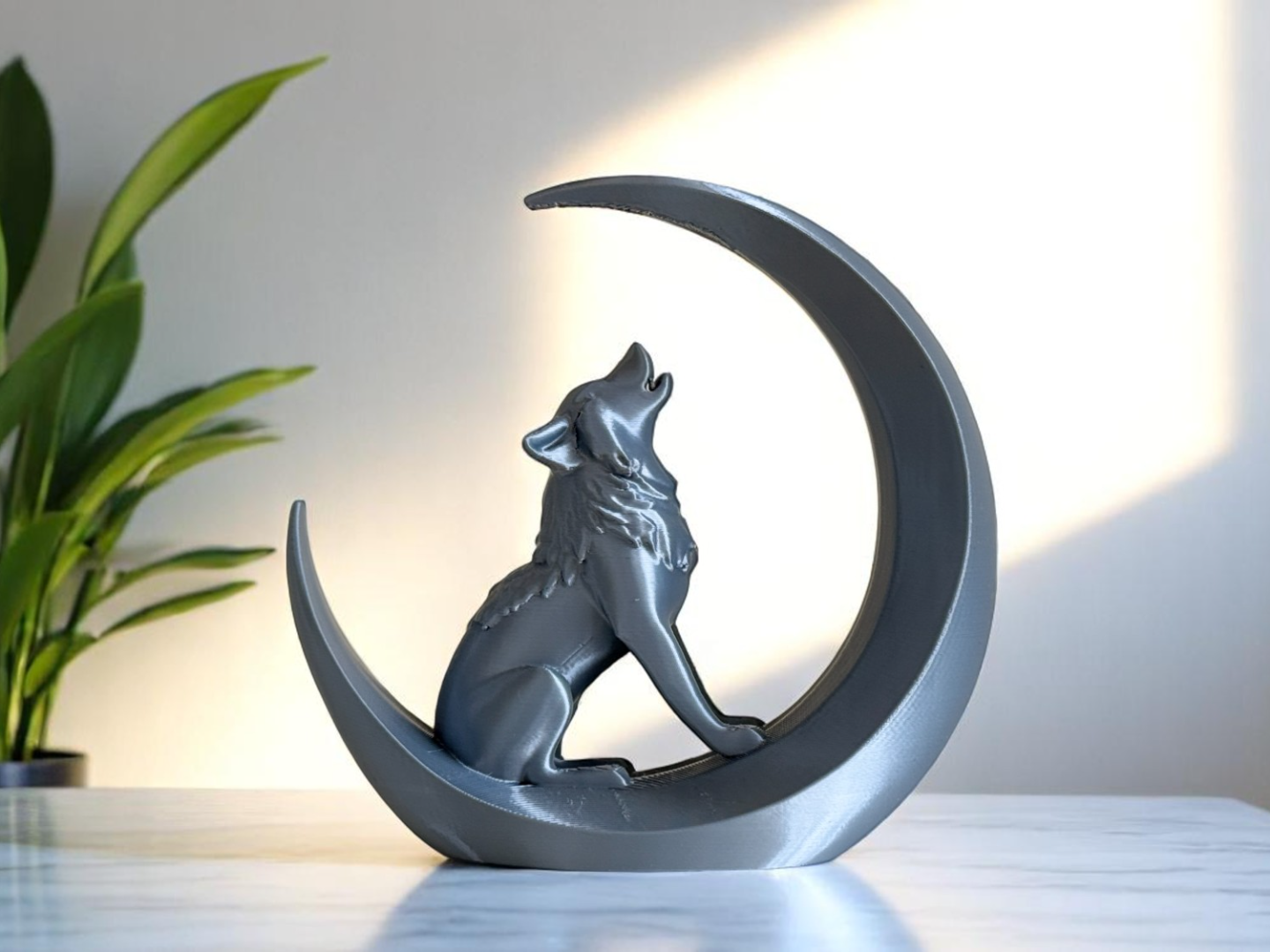 Howling Wolf and Moon Sculpture