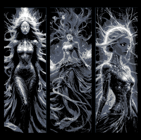 The Fates, Clotho, Lachesis, and Atropos intertwining the string of life - Set of 3 Bookmarks