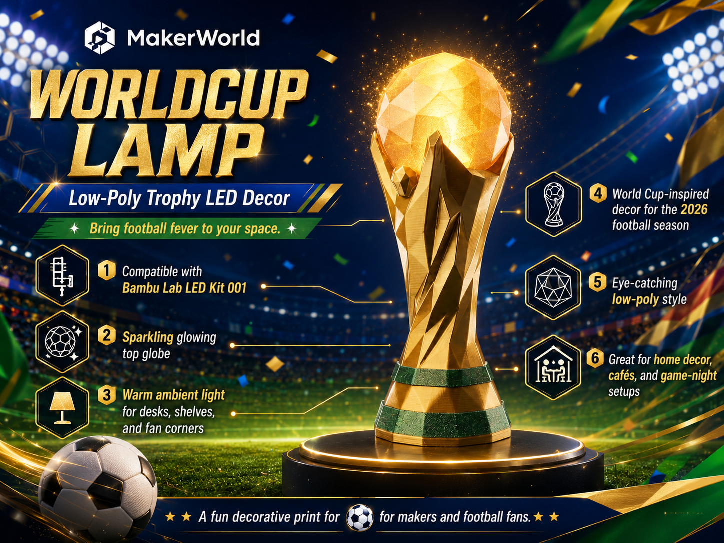 WorldCup Trophy Lamp – Low-Poly Football LED Decor